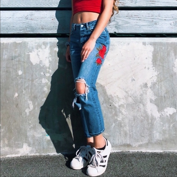 NWT NEW PACSUN mom jeans embroidered red rose boho dad 90s y2k high rise floral - Picture 11 of 11